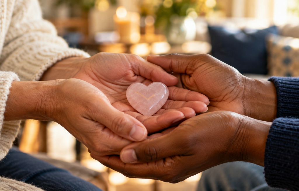 Two pairs of hands gently hold a small pink heart-shaped stone.