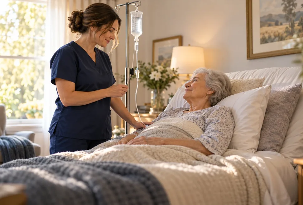 A caregiver in navy scrubs smiles with an older woman resting in bed in a sunlit room.