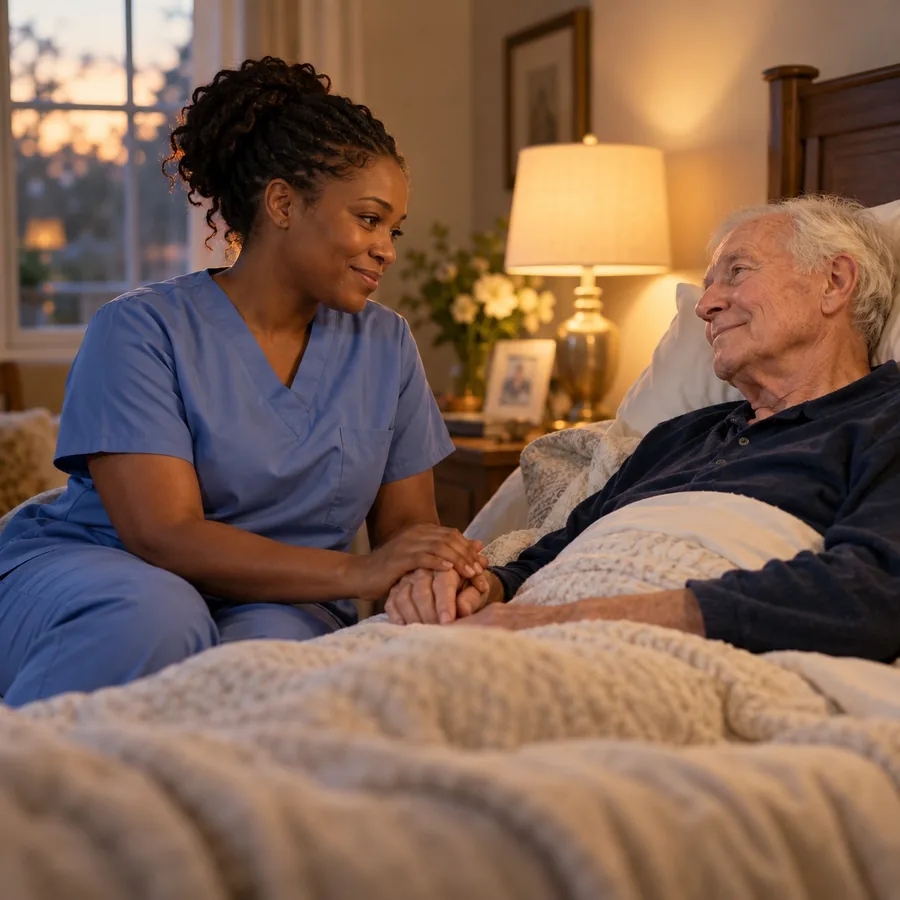 Line drawing of a hospice nurse holding an elderly man's hand at his bedside while a family member rests a hand on his shoulder.