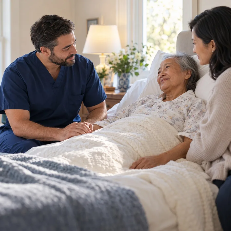 Line drawing of a hospice nurse holding an elderly man's hand at his bedside while a family member rests a hand on his shoulder.