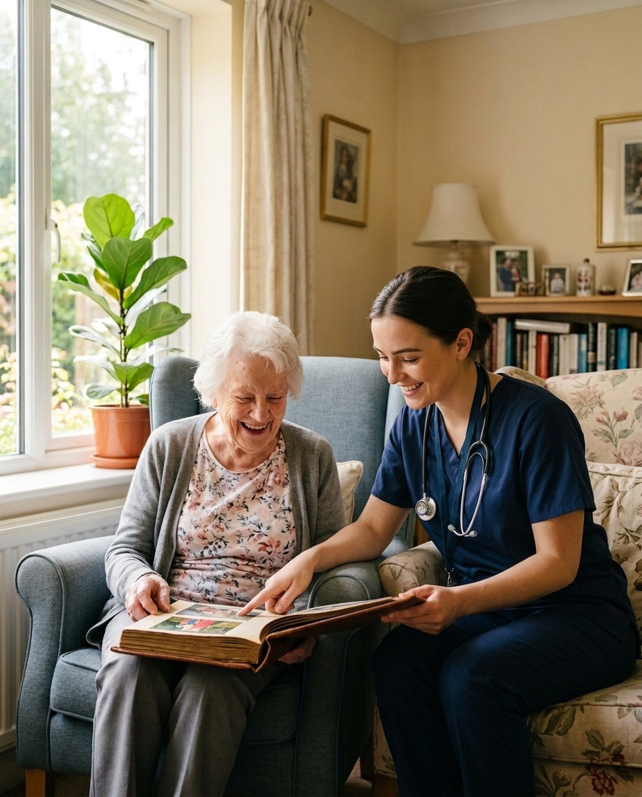 A young woman sits beside an older woman in her armchair, looking through a photo album together and laughing.