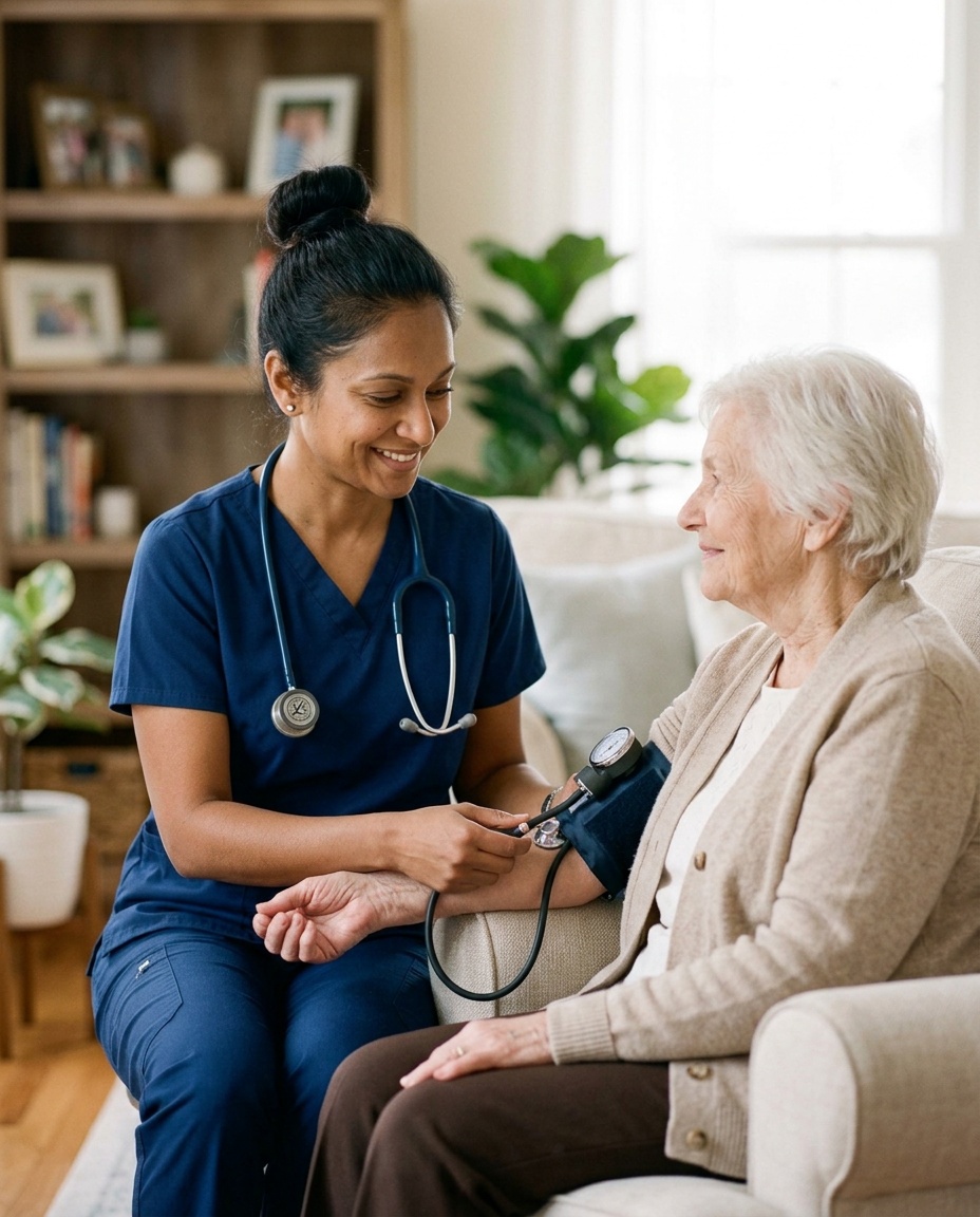 A hospice nurse in navy scrubs smiles as she checks the blood pressure of an elderly woman in her living room.