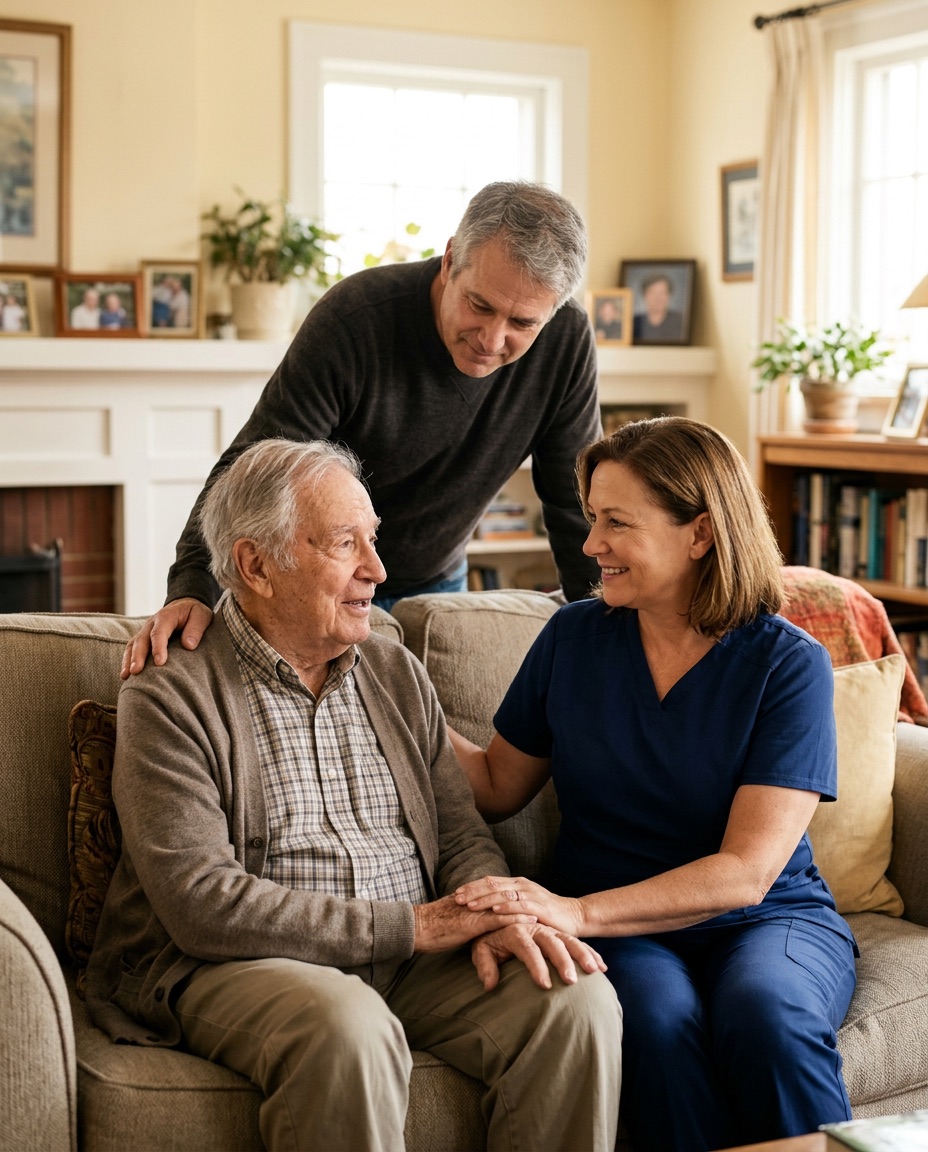 A nurse in navy scrubs sits on the sofa with an older man, holding his hand as they talk, while his son rests a hand on his shoulder.