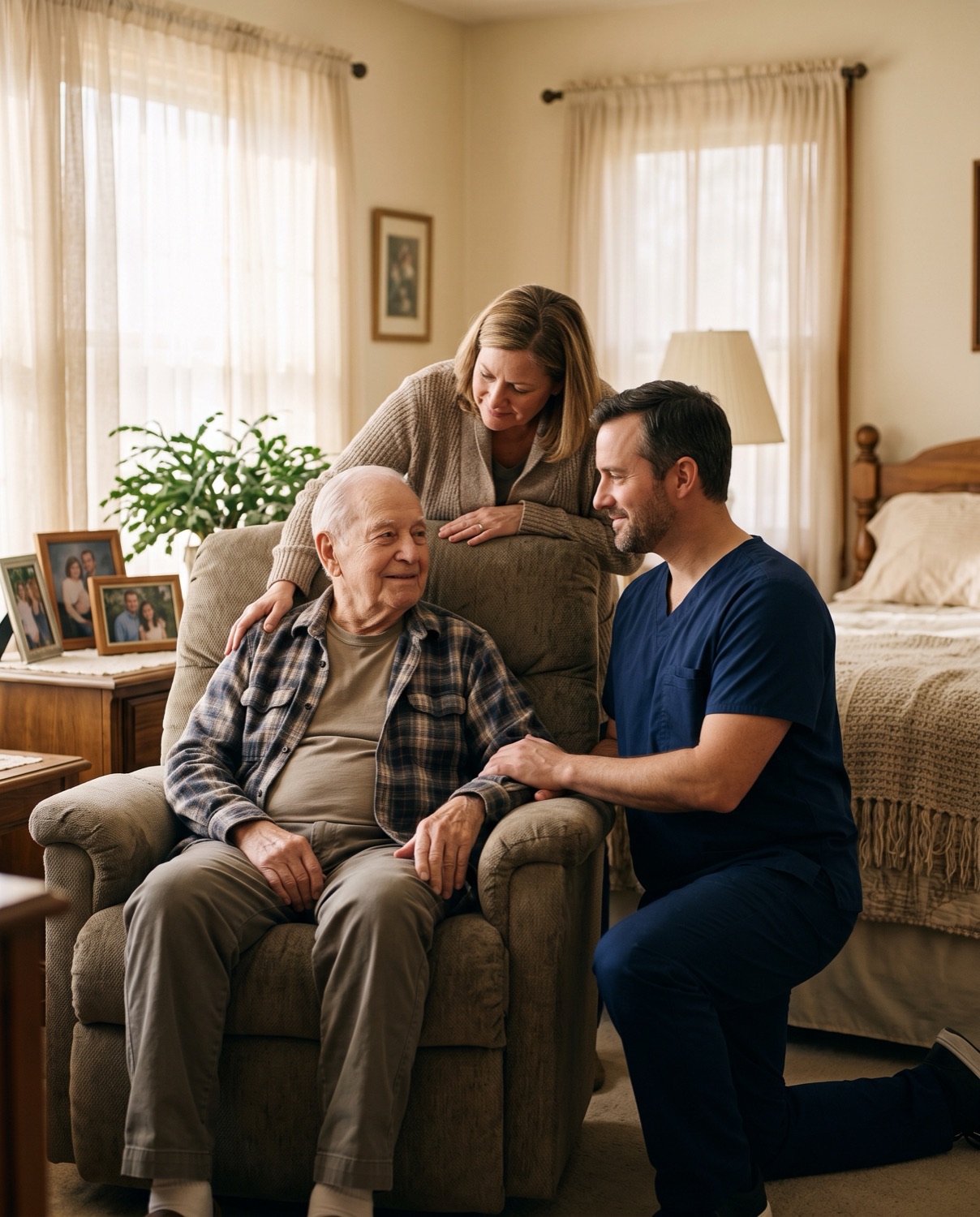 A hospice nurse in navy scrubs kneels beside an older man in his recliner at home, his hand on the man's arm, while the man's daughter rests a hand on his shoulder.
