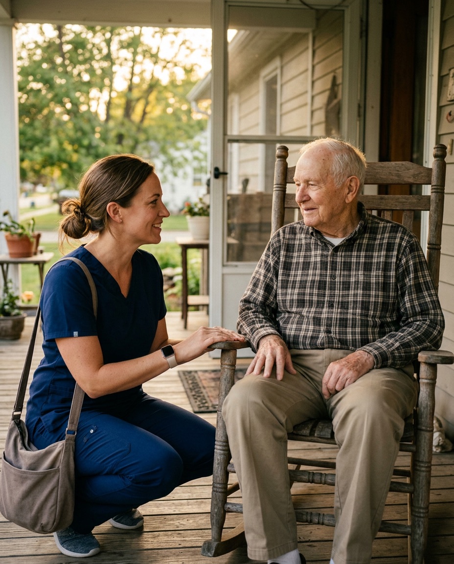 A hospice nurse in navy scrubs crouches beside an older man in his porch rocking chair, smiling as they talk at golden hour.