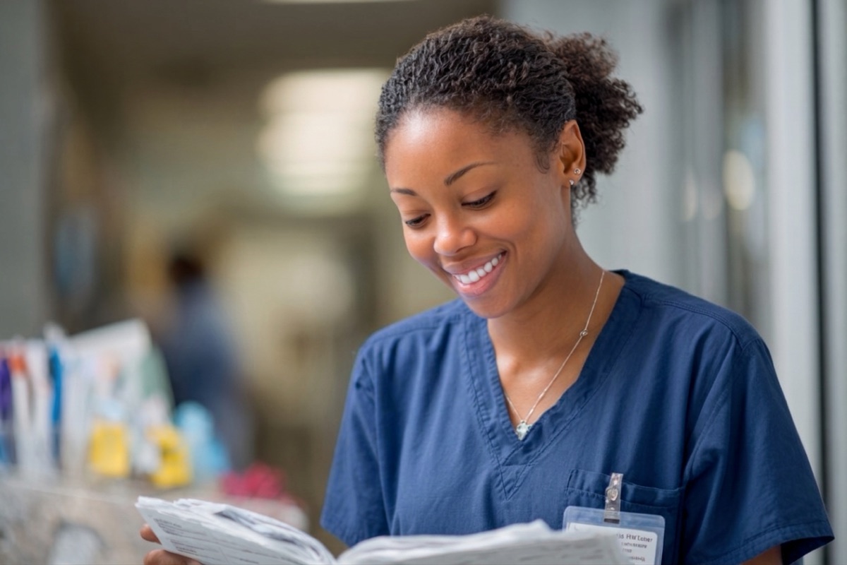 A smiling nurse in navy scrubs reads a patient chart in a hospital corridor.